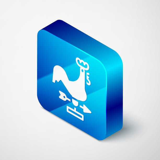等距公鸡气象风向标孤立在灰色背景。随风倒的迹象。Windvane公鸡。蓝色方块按钮。向量图片下载