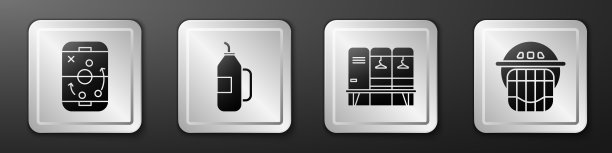 设置计划策略，健身摇晃器，更衣室或更衣室和曲棍球头盔图标。银广场按钮。向量图片下载