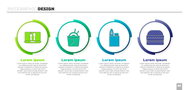 提供网上订购和配送，亚洲面条和筷子，购物袋和食品和汉堡。业务信息模板。向量图片下载