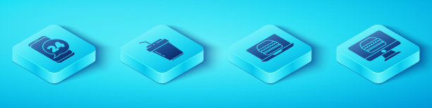 设置等距食品订购，咖啡杯去，在线订购和交付和在线订购汉堡交付图标。向量图片下载