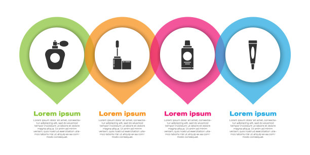 套装香水，睫毛刷，一瓶洗发水和护肤霜或化妆品管。业务信息模板。向量图片下载