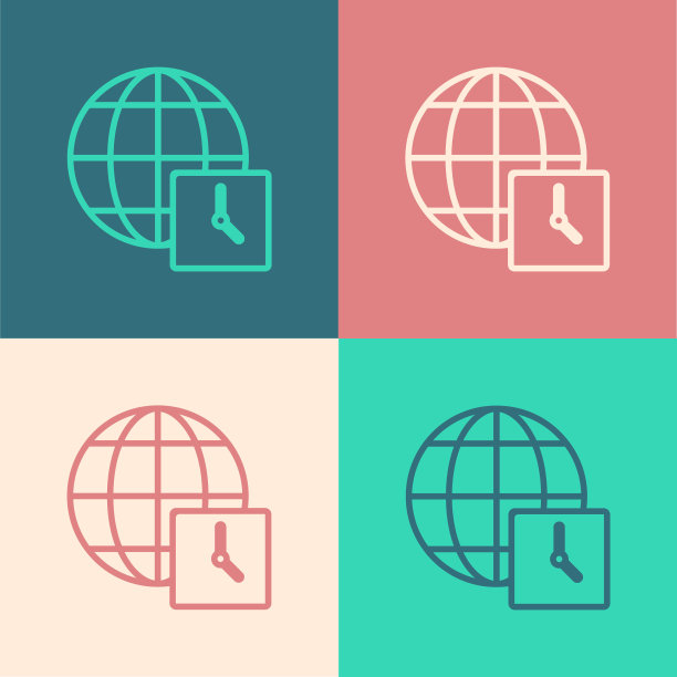 波普艺术线世界时间图标孤立的颜色背景。时钟和地球仪。向量图片下载