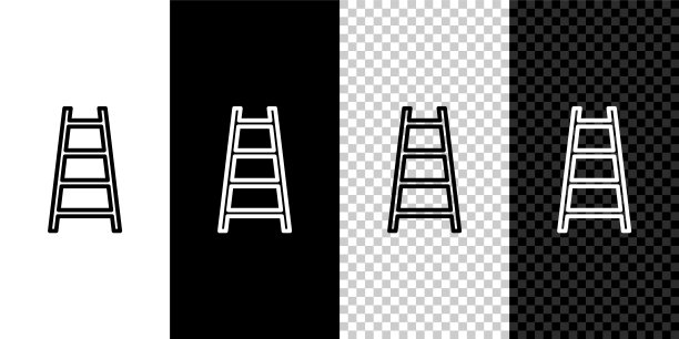 设置线条楼梯与完成标志图标隔离在黑色和白色背景。职业成长的商业理念。业务发展的概念。向量图片下载