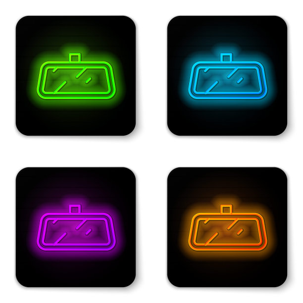 发光的霓虹灯线汽车镜图标孤立的白色背景。黑色方形按钮。向量图片下载