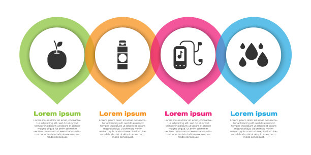 设置苹果，霜或乳液化妆品管，音乐播放器和水滴。业务信息模板。向量图片下载