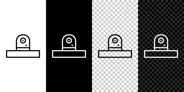 等距安全摄像头图标孤立在灰色背景。蓝色方块按钮。向量图片下载