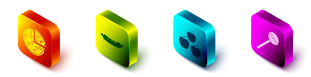 设置等距比萨，热狗三明治，苹果和棒棒糖图标。向量图片下载