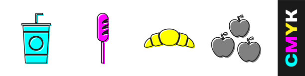 用吸管、炸香肠、羊角面包和苹果图标来放置纸杯。向量图片下载