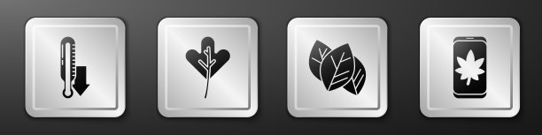 设置气象温度计，树叶或树叶，树叶或树叶和树叶手机图标。银广场按钮。向量图片下载