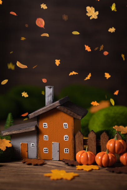 微型感恩节小村舍在森林里图片下载