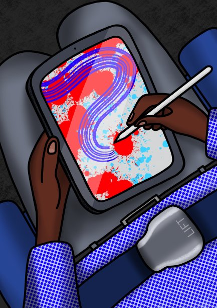 自由艺术家/插画家/数字游牧民在乘飞机旅行时在平板电脑上工作图片下载