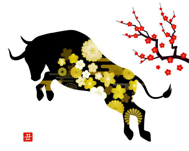 贺年卡插图材料，牛年，斗牛，日式梅花树图片下载