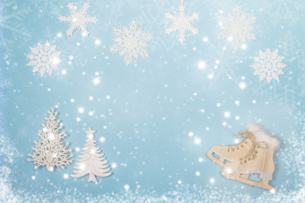 在蓝色的背景上有溜冰鞋和圣诞树，还有雪花和雪花图片下载