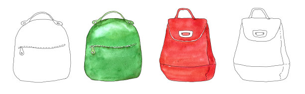 一个背包的素描孤立在一个白色的背景。草图风格的插图。程式化的水彩画。一套明亮的水彩背包在红色和绿色的一个轮廓图片下载