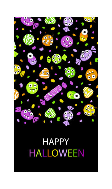 海报，模板，卡片，万圣节节日邀请函。糖果，玉米，黑色背景的棒棒糖。节日字体在手绘和卡通风格和传统色彩节日图片下载