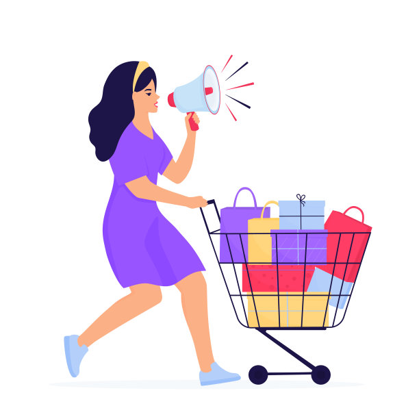 黑色星期五促销标语。拿着扩音器和购物车的女孩跑去购物素材图片