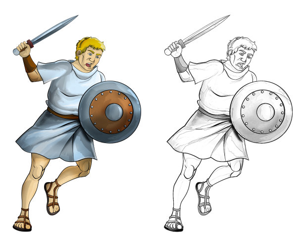 卡通素描场景与罗马或希腊古代人物的战士或角斗士在白色的背景-插图图片下载