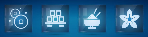 人民币，寿司放在砧板上，米饭放在碗里，配上筷子和荷花。方形玻璃面板。向量图片下载