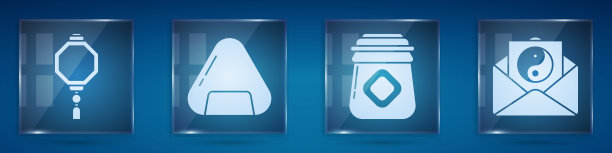 摆好中国纸灯笼、寿司、蜂蜜罐、阴阳和信封。方形玻璃面板。向量图片下载