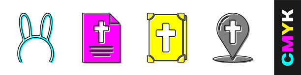 设置面具与长兔子耳朵，贺卡与复活节快乐，圣经书和地图指针与基督教十字架图标。向量图片下载