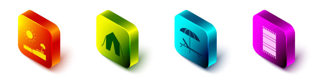 设置等距海滩与伞和椅子，旅游帐篷，日光浴床和伞和沙滩毛巾图标。向量图片下载