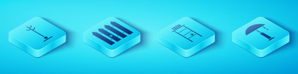 设置等距衣帽架，花园篱笆木制，台灯和浴室架子与毛巾图标。向量图片下载