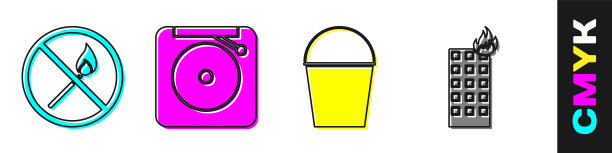 禁止点火柴、响铃警钟、消防桶和燃烧建筑物中的火灾图标矢量素材图片下载