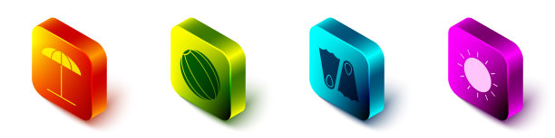 沙滩用等距防晒伞，沙滩球，橡胶脚蹼，太阳图标。向量图片下载