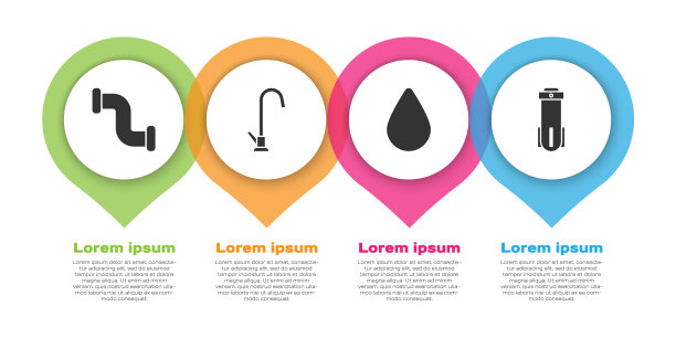 设置工业金属管、水龙头、水滴、过滤器。业务信息模板。向量图片下载