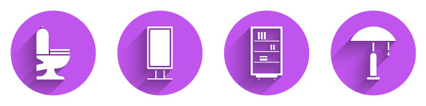 设置抽水马桶，大的全长镜，图书馆书架和台灯图标与长影子。向量图片下载