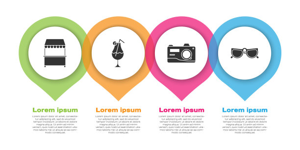 设置有遮阳篷的街头摊位，鸡尾酒和酒精饮料，相机和眼镜。业务信息图模板。向量图片下载