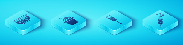 设定等距混合潘趣在碗，蛋糕，烟花火箭和玻璃的香槟图标。向量图片下载