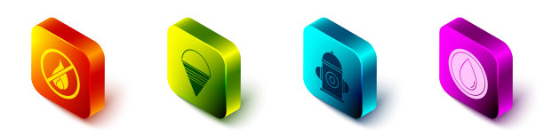 设置等距无火，消防锥桶，消防栓和水滴图标。向量图片下载