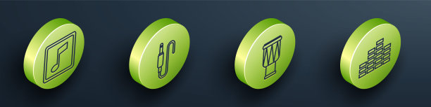 设置等距音乐音符，音调，音频插孔，鼓和音乐均衡器图标。向量图片下载