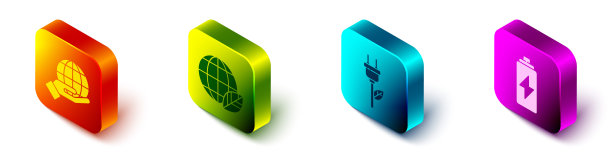 设置等距手持地球仪，地球仪和叶片，节电插头在叶片和电池图标。向量图片下载