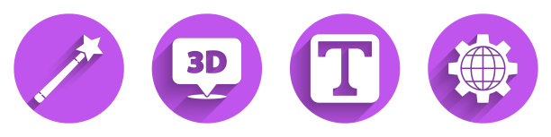 设置魔术棒，语音气泡与文本3D，文本和地球和齿轮图标与长阴影。向量图片下载