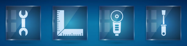 成套扳手、角尺、角磨床、螺丝刀。方形玻璃面板。向量图片下载