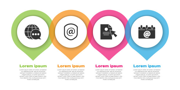 设置世界地图从语音气泡，盾牌与邮件和电子邮件，文件和光标和日历与电子邮件。业务信息模板。向量图片下载