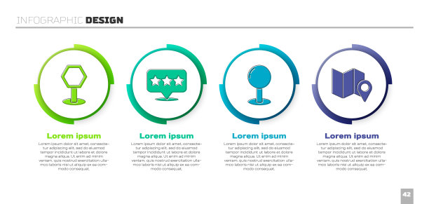 设置道路交通标志，星号地图指针，图钉和折叠地图与位置标记。业务信息模板。向量图片下载
