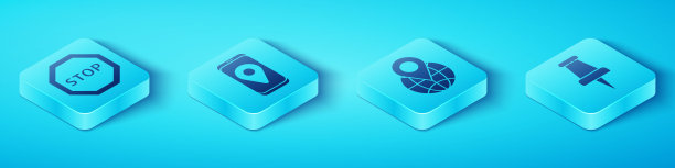 设置等距停止标志，城市地图导航，推动销和位置上的地球图标。向量图片下载