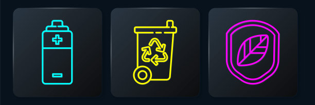 设置线电池，盾牌与树叶和回收站与回收。黑色方形按钮。向量图片下载