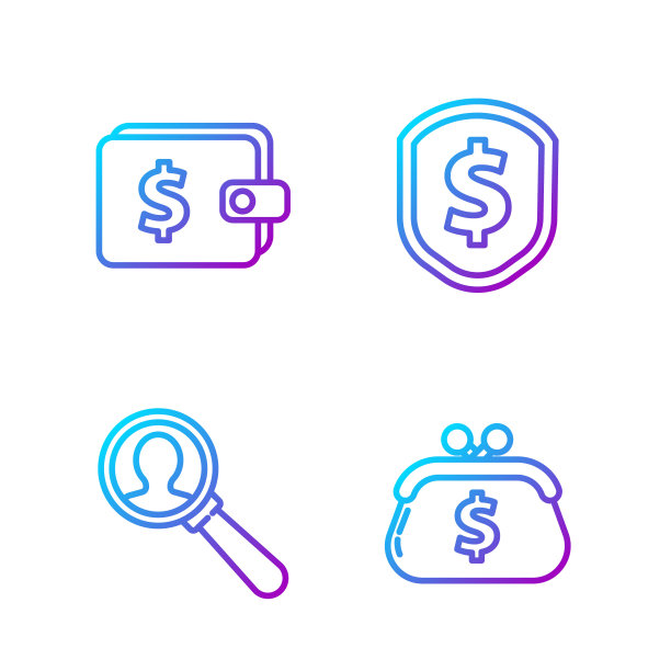 设置线钱包与美元，放大镜搜索一个人，钱包与美元和盾与美元。渐变颜色图标。向量图片下载