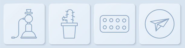 设置线水烟，药丸在泡罩包装，仙人掌佩奥特在壶和信使。白色正方形按钮。向量图片下载