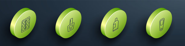 设置等距眼影调色板，指甲油瓶，洗发水瓶和手镜图标。向量图片下载