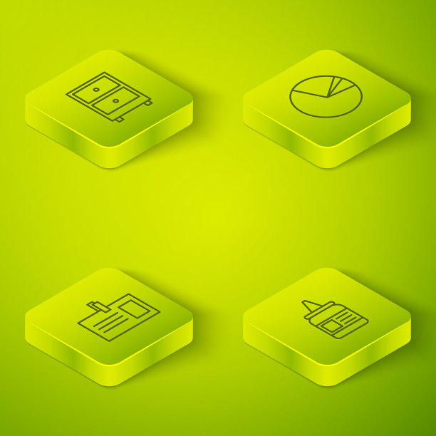 设置等距饼图信息图，身份徽章，胶水和抽屉与文件图标。向量图片下载