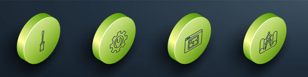 设置等距螺丝刀，扳手和齿轮，房屋平面图和罗盘图标。向量图片下载