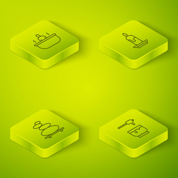 设置等距燃烧的蜡烛，堆栈热石头，蜂蜜勺棍碗和浴缸图标。向量图片下载