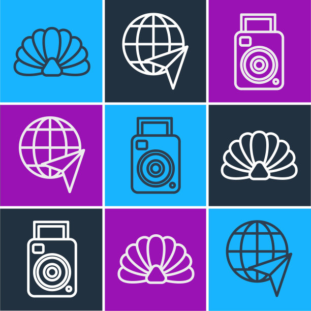 设置线扇贝海贝，相机和环球飞行飞机图标。向量图片下载