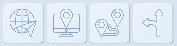 设置有飞行飞机的直线地球仪，路线位置，以位置标志和道路交通标志监测。白色正方形按钮。向量图片下载