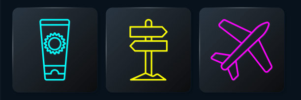 在管道、平面和道路交通路标中设置直线防晒霜。黑色方形按钮。向量图片下载